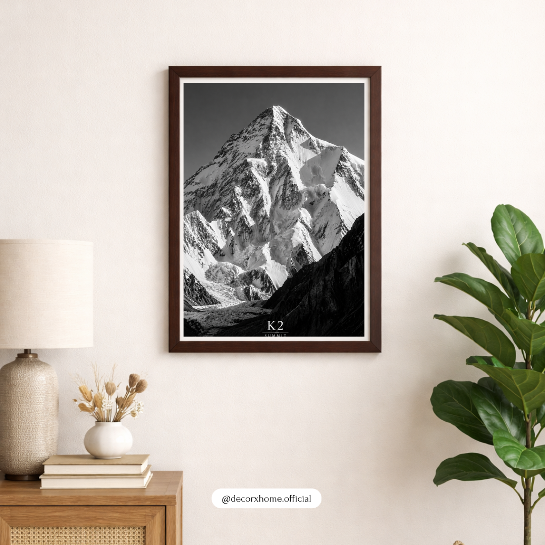 K2 Summit Mountain Poster | Black & White Himalayan Wall Art | DecorexHome