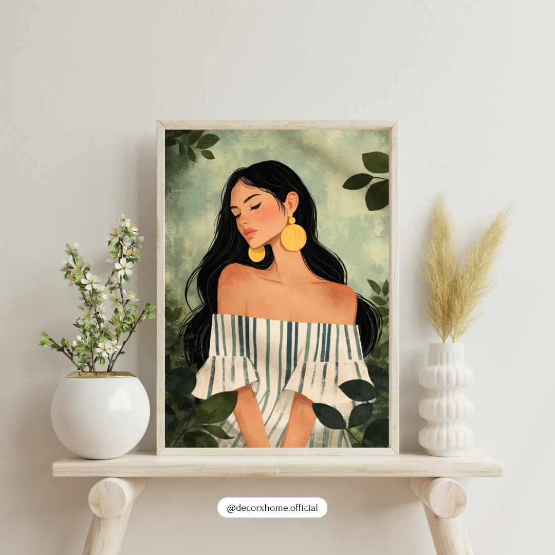Elegant Woman Portrait Wall Art | Boho Feminine Illustration Poster | Decorxhome