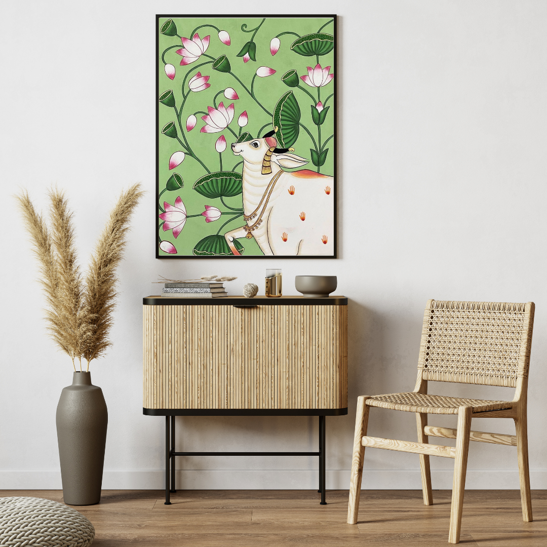 Divine Cows & Lotus – Traditional Pichwai Art Poster 🕉️🎨