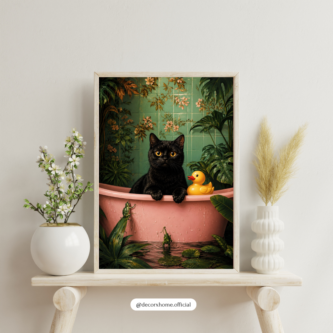 Whimsical Black Cat Bath Wall Art Poster | Cute Botanical Cat Artwork | Aesthetic Animal Print | Decorexhome