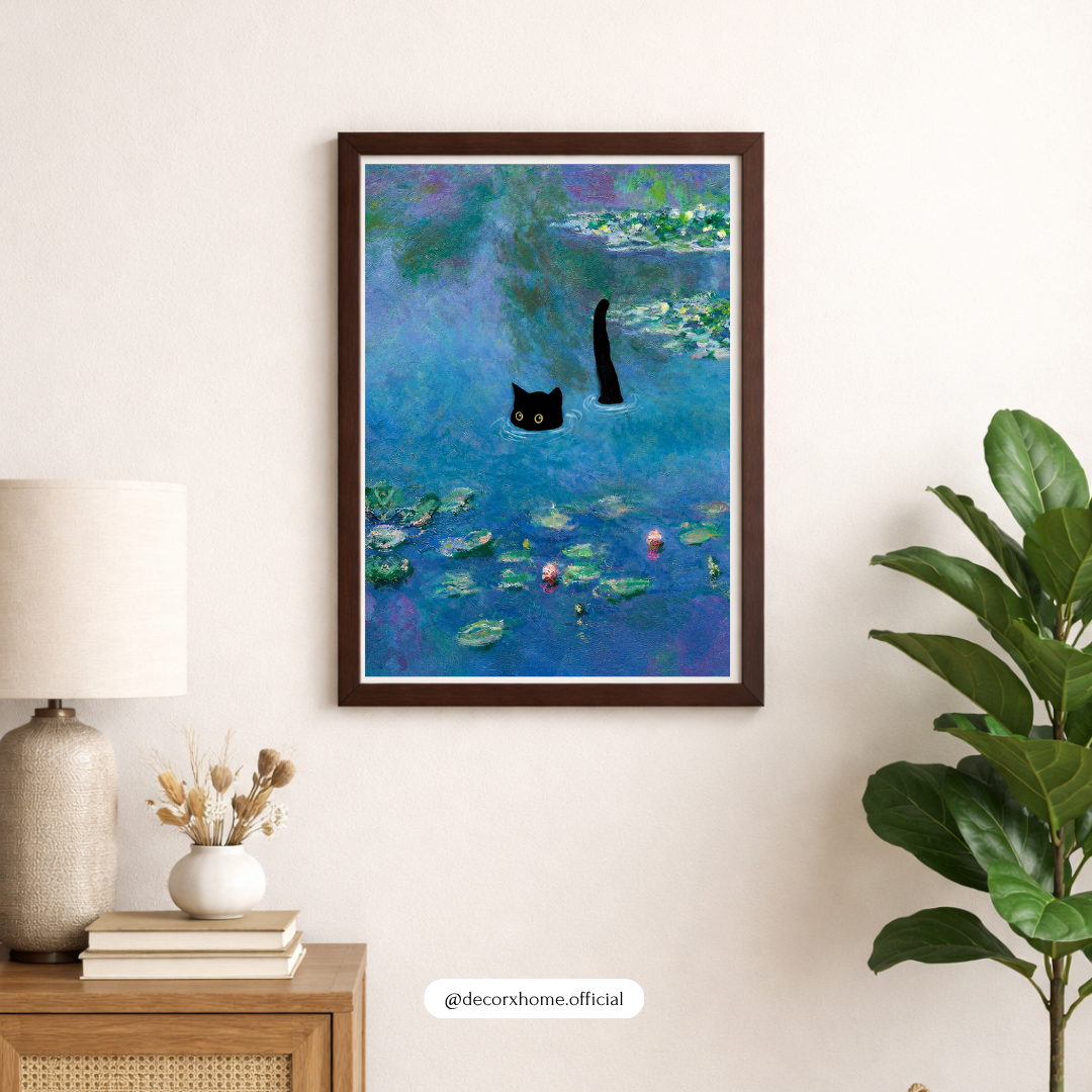 Black Cat Water Lily Poster | Dreamy Impressionist Wall Art Print | Artistic Cat Decor | Decorexhome