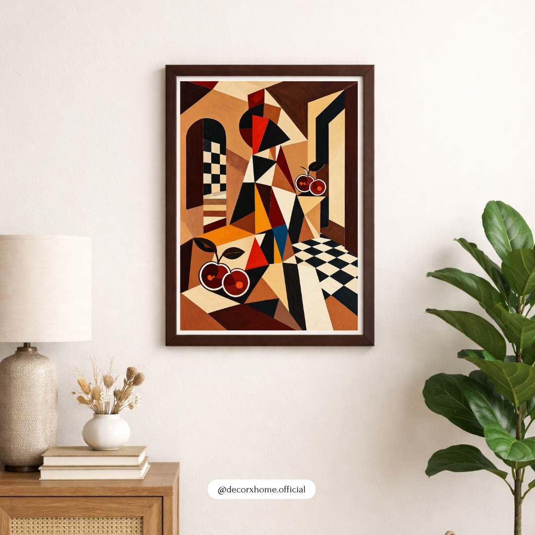Geometric Cubist Still Life Wall Art Poster | Abstract Cherries & Checkerboard Design – Decorxhome