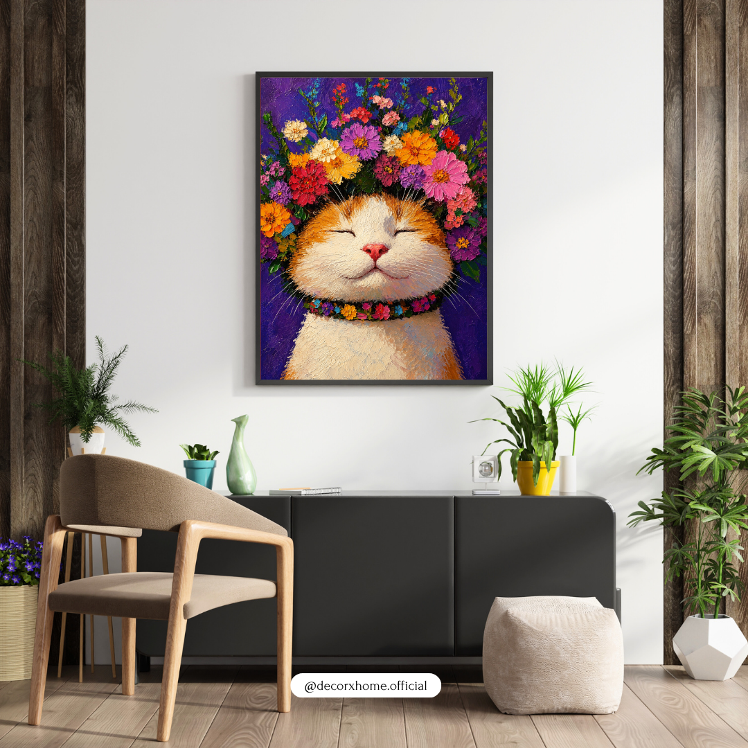 Decorexhome Floral Cat Bliss Wall Art Poster | Cute Whimsical Pet Canvas Print | Colorful Animal Home Decor