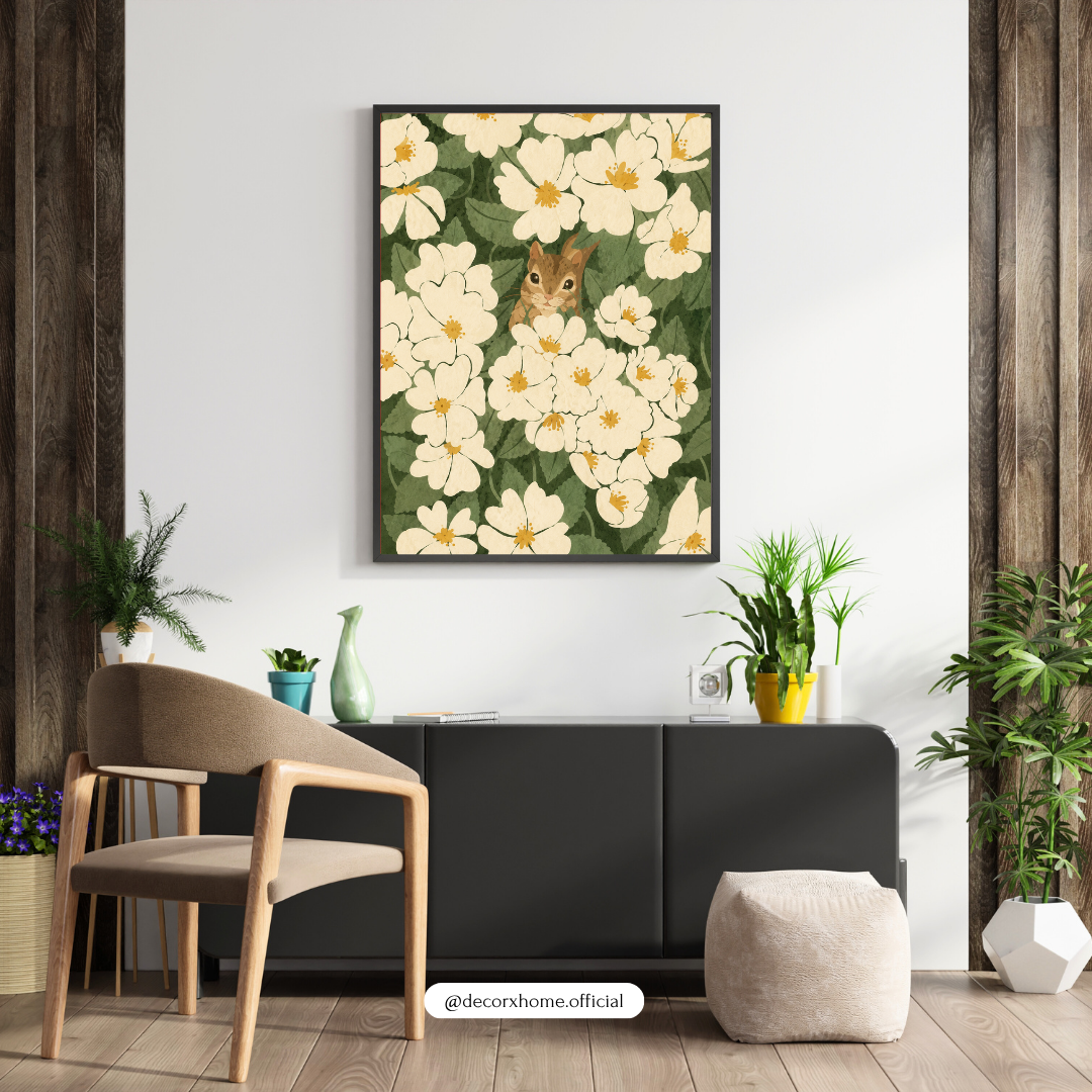 Decorxhome – Hidden Bunny Floral Meadow Wall Art Poster