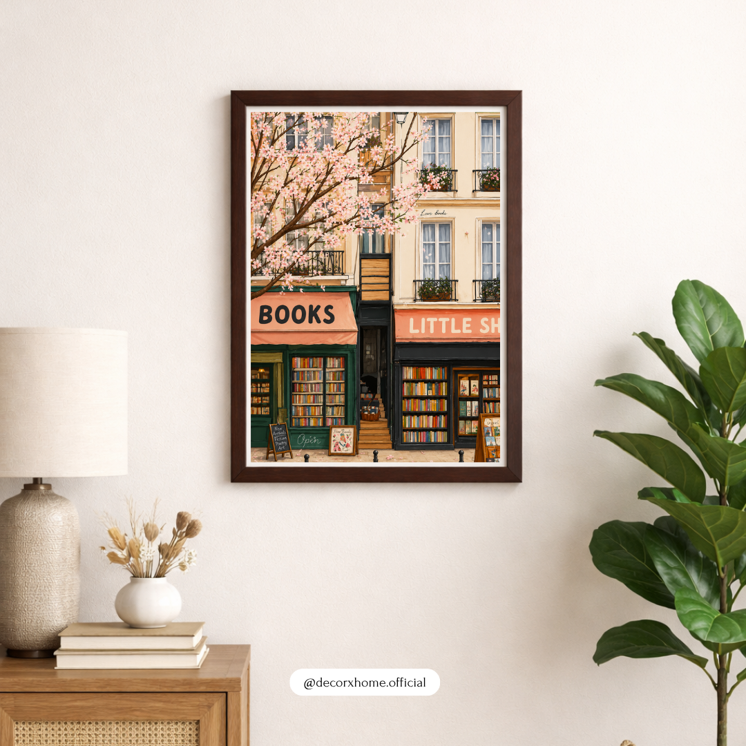 Little Bookshop in Bloom Poster – Springtime Literary Street Wall Art
