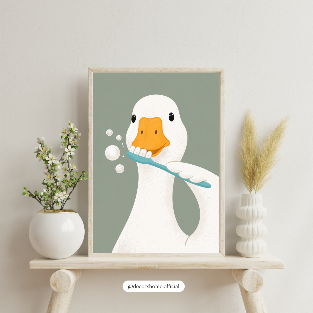 Brushing Duck Poster | Cute Bathroom Duck Wall Art for Modern & Kids Decor – Decorxhome