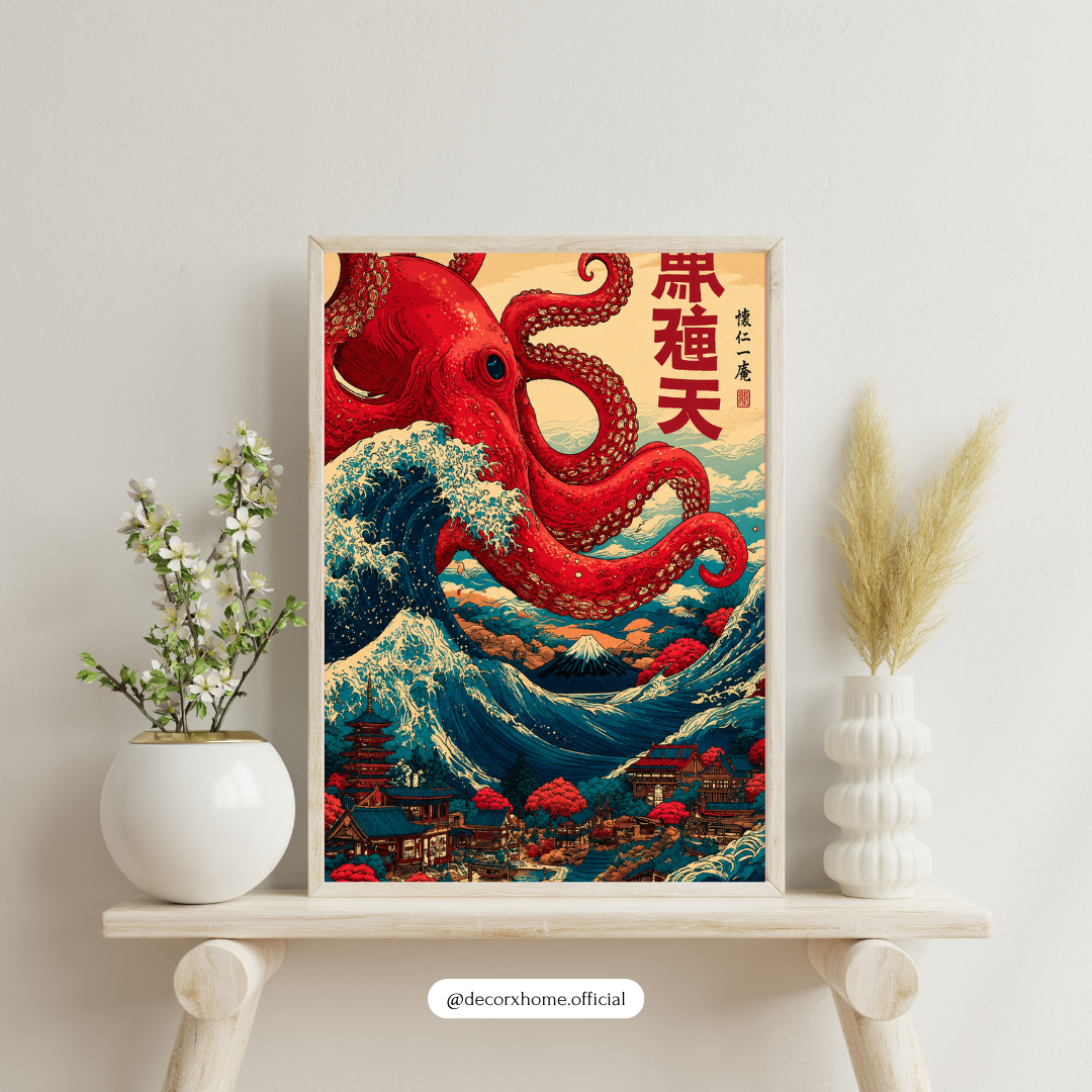 Crimson Octopus Wave – Japanese Ukiyo-E Inspired Wall Art Poster | DecorxHome