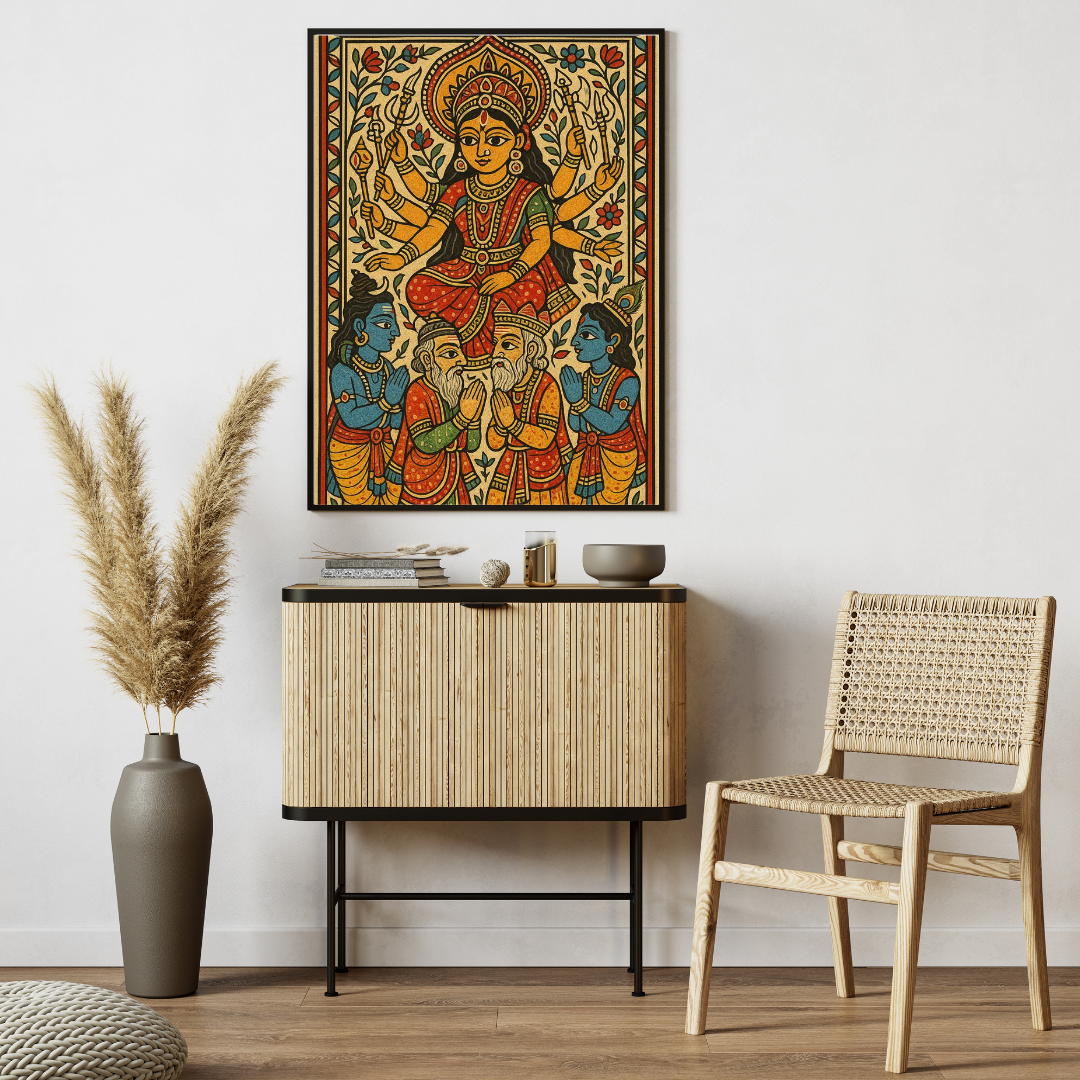 Maa Durga Blessing Poster – Traditional Indian Folk Art Wall Décor 🙏✨