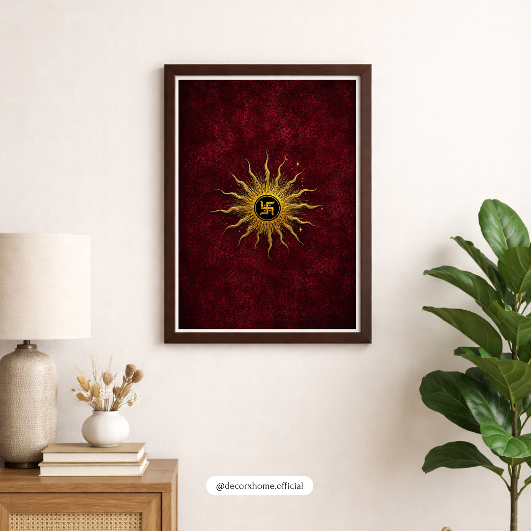 Sacred Golden Sun Swastika Poster | Auspicious Hindu Spiritual Wall Art on Crimson Red Background | Decorxhome