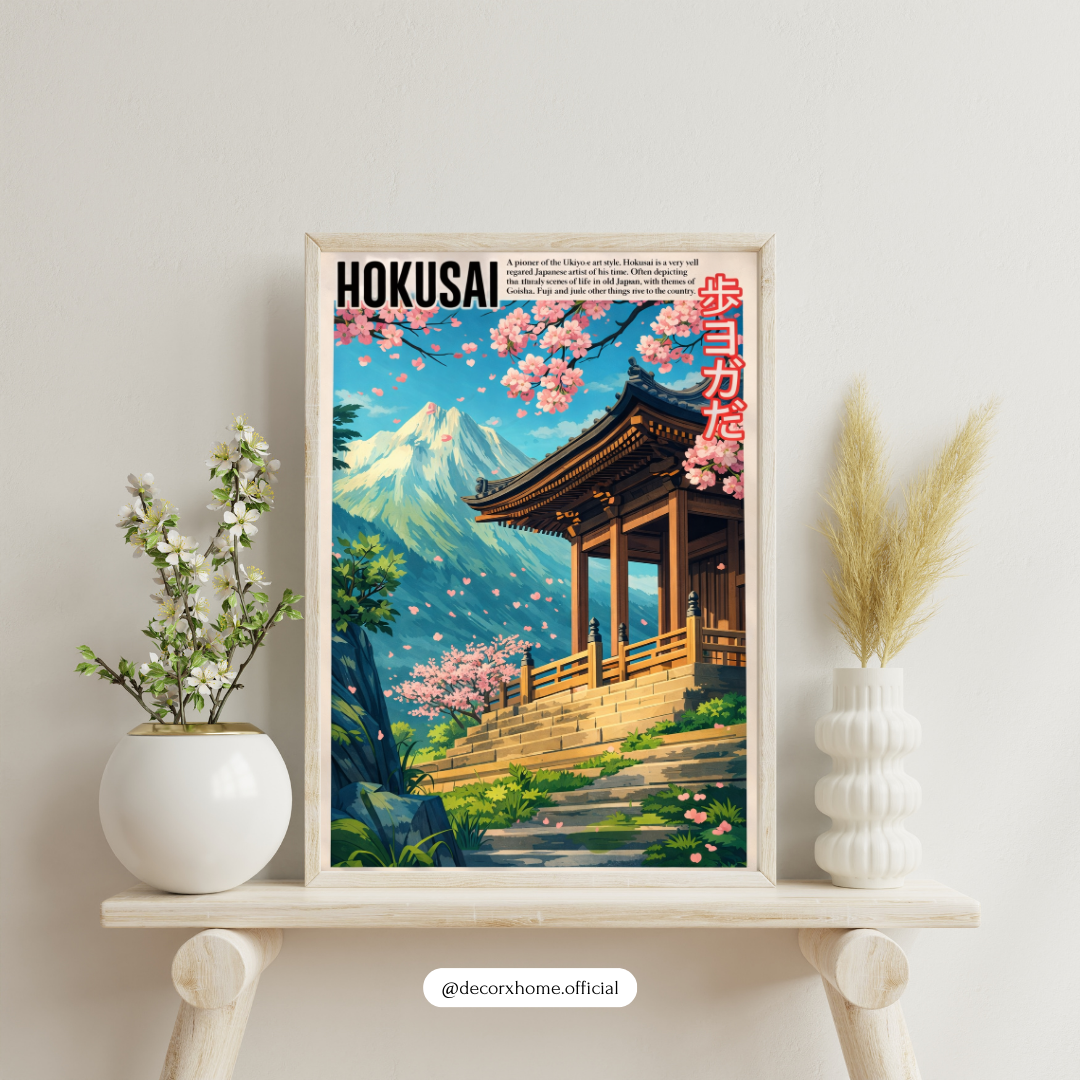 HOKUSA Japanese Temple & Mount Fuji Poster – Cherry Blossom Landscape Wall Art | Decorxhome
