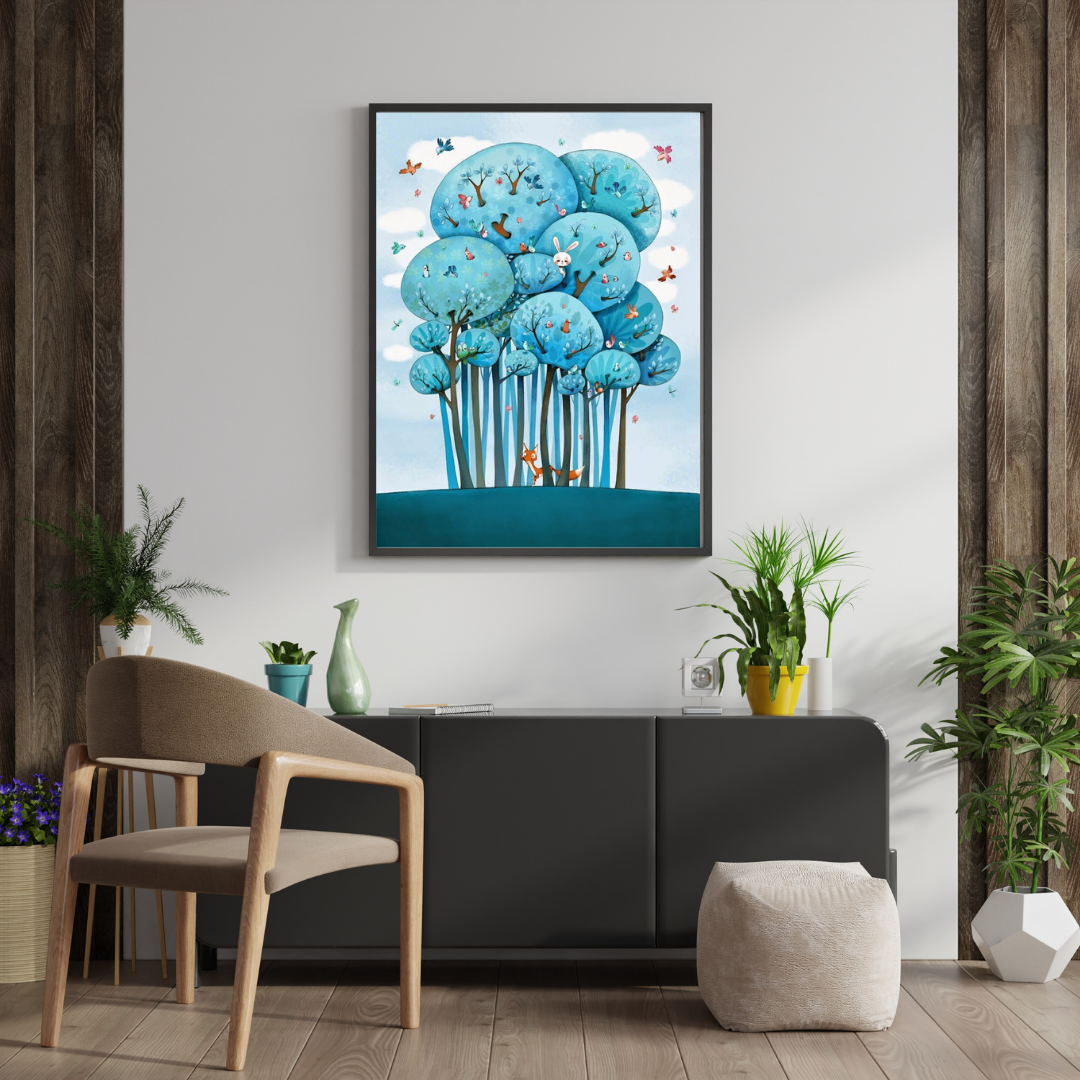 Enchanted Blue Forest Framed Poster | Whimsical Nature Art Wall Décor by Decorxhome