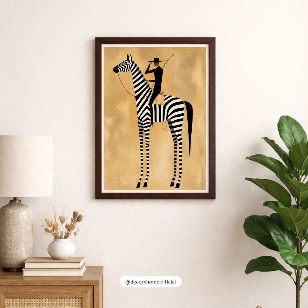 Decorexhome Zebra Rider Wall Art | Minimalist Zebra & Horse Rider Poster | Black & White Animal Artwork