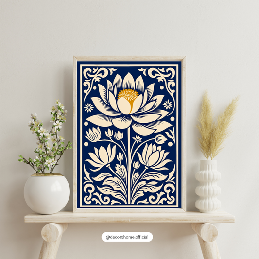 Royal Lotus Floral Wall Art Poster – Blue Vintage Botanical Design | Decorxhome