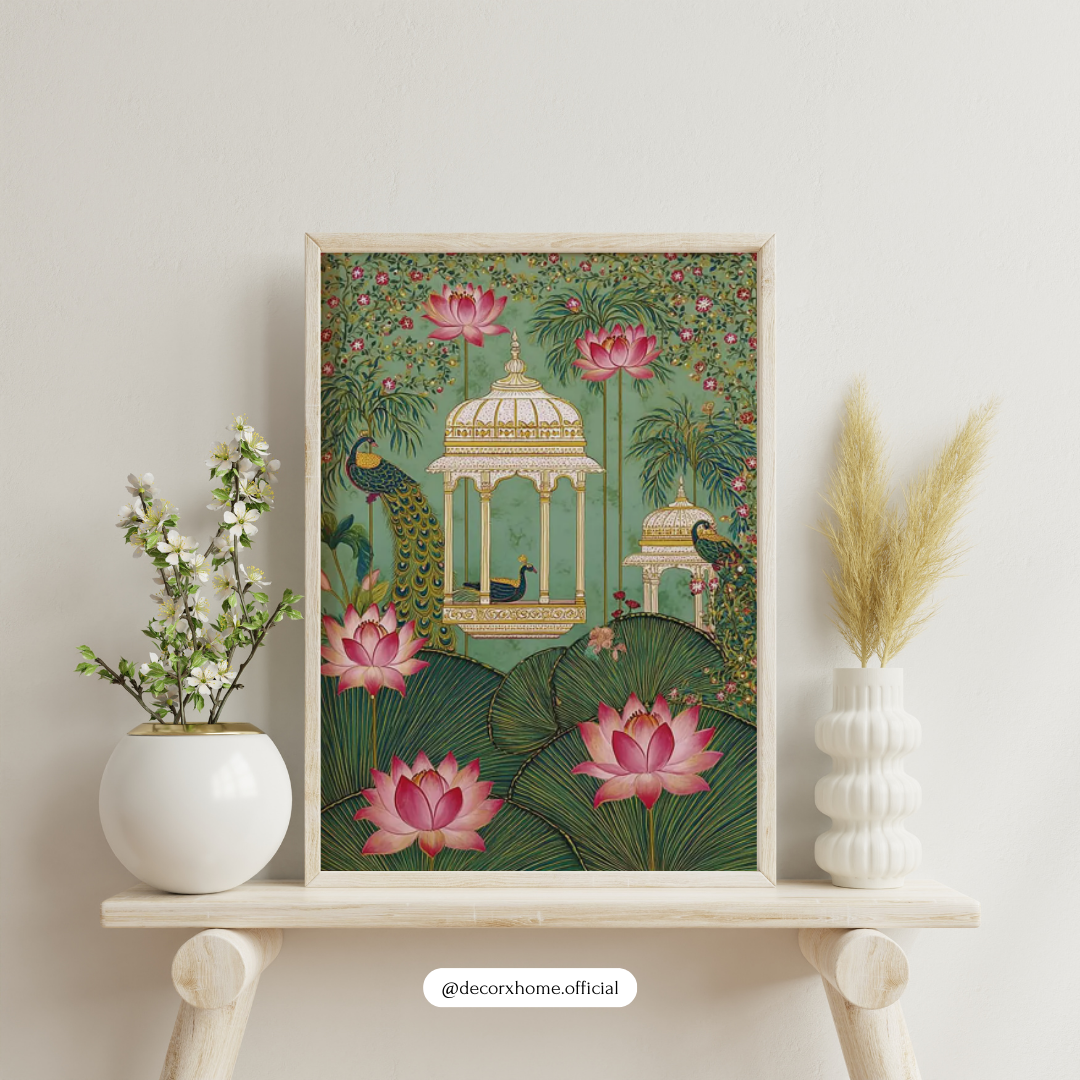 Royal Peacock & Lotus Garden Poster – Indian Palace Art Wall Decor | Decorxhome
