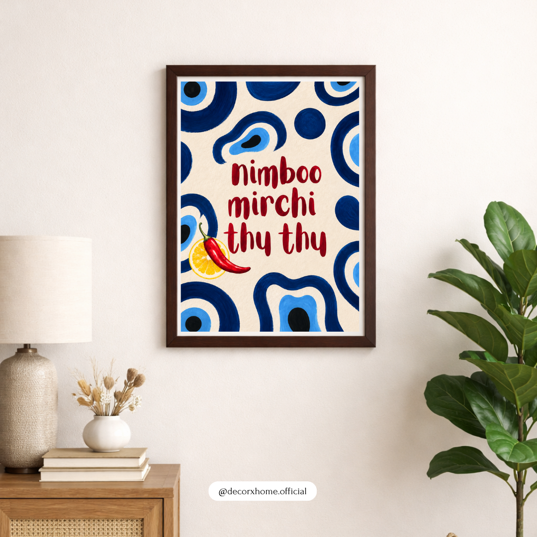 Nimboo Mirchi Thy Thy Wall Art | Indian Desi Quote Poster | Quirky Kitchen & Home Décor | Blue & Red Wall Art | Decorxhome