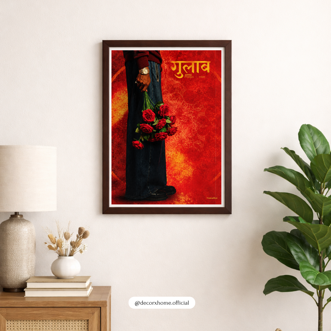 Gulab Romantic Hindi Typography Wall Art | Red Roses & Love Poster | Modern Indian Art | Decorxhome
