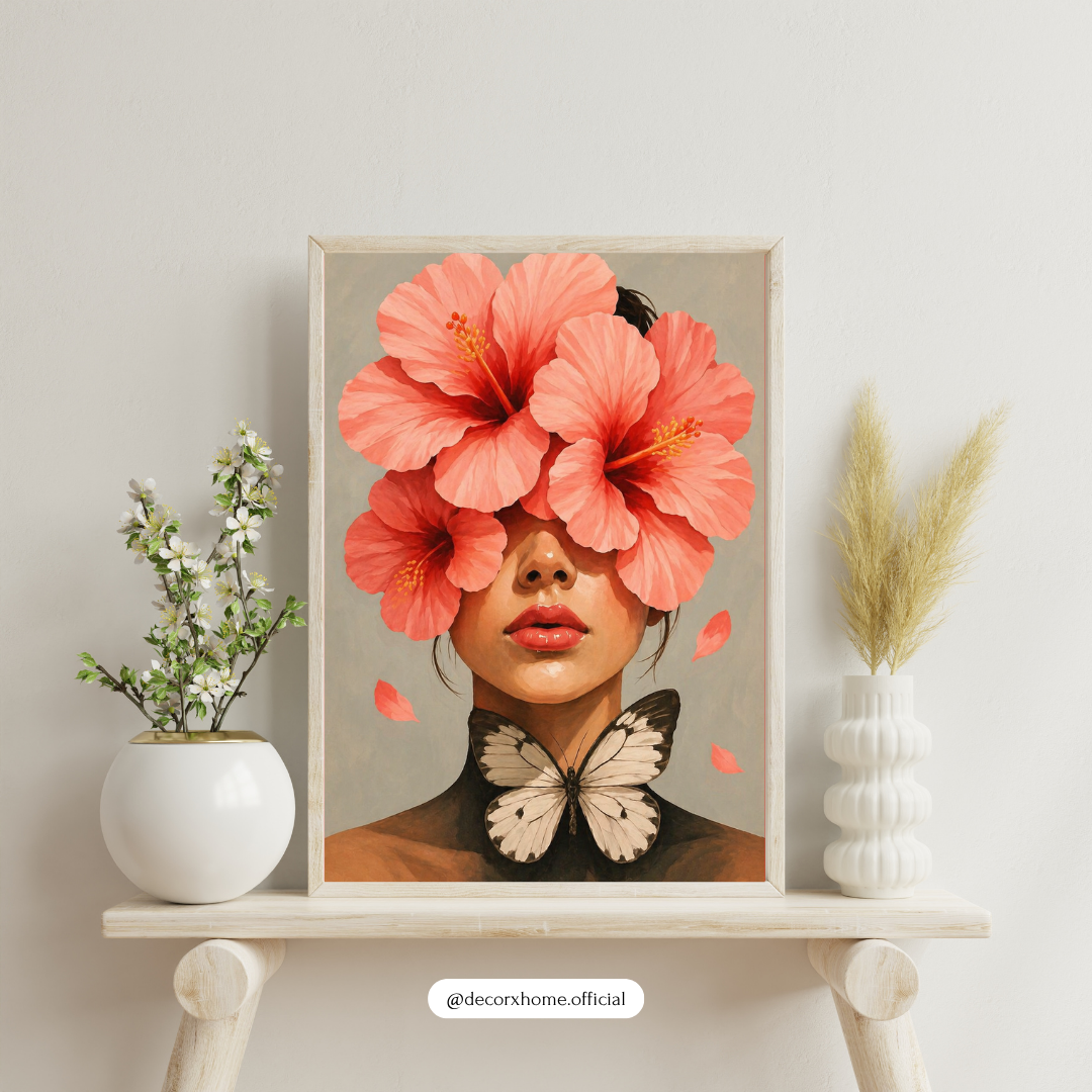 Floral Face Abstract Wall Art Poster – Modern Woman with Hibiscus Flowers & Butterfly | Aesthetic Minimal Art for Bedroom, Living Room & Studio Decor | Decorxhome