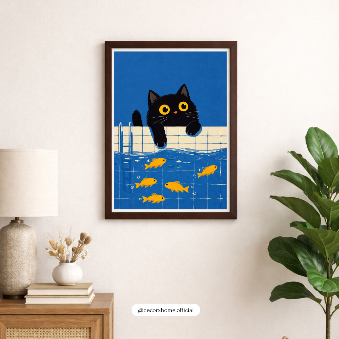 Black Cat Wall Art Poster | Cute Cat & Goldfish Illustration | Modern Animal Decor | Decorexhome