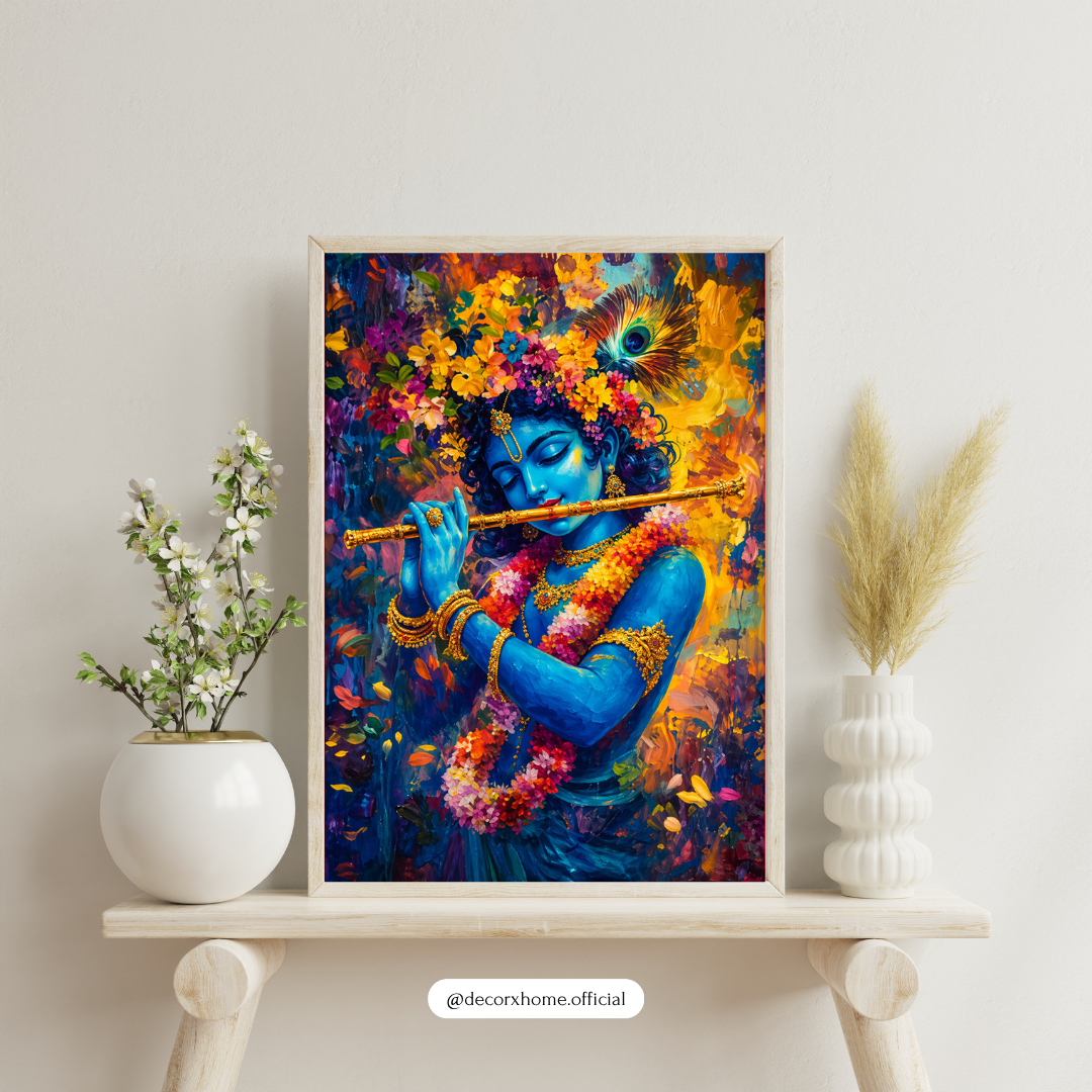 Krishna Wall Art Poster – Divine Flute Painting | Spiritual Canvas Print for Home Decor (Framed)