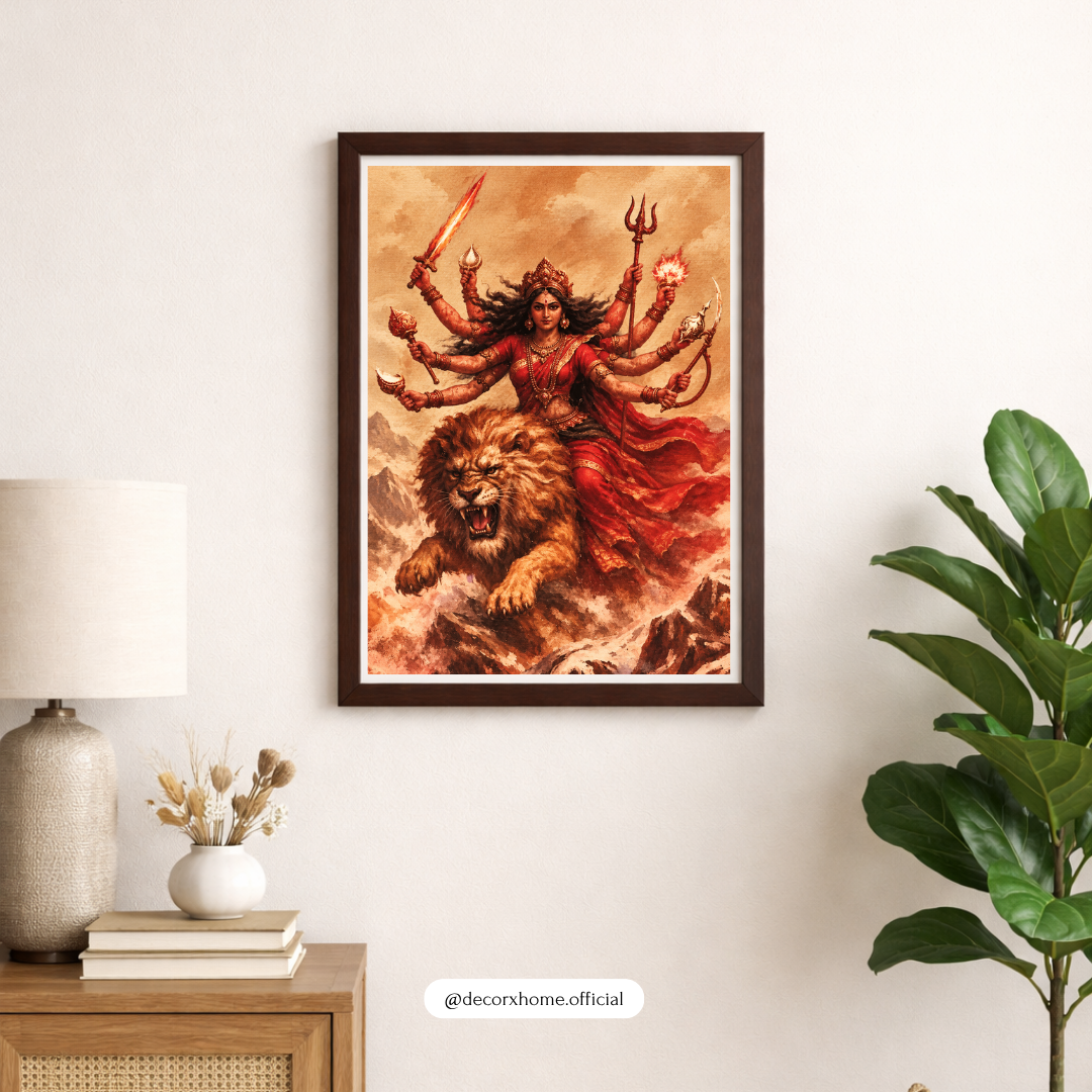 Goddess Durga with Lion Wall Art | Maa Durga Poster & Framed Artwork