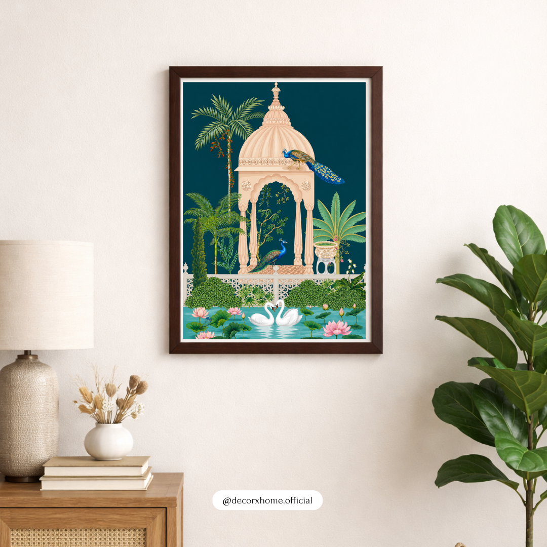 DecorexHome Royal Peacock Garden Poster | Luxury Indian Palace Wall Art | Swan & Lotus Nature Artwork | Elegant Heritage Decor Print