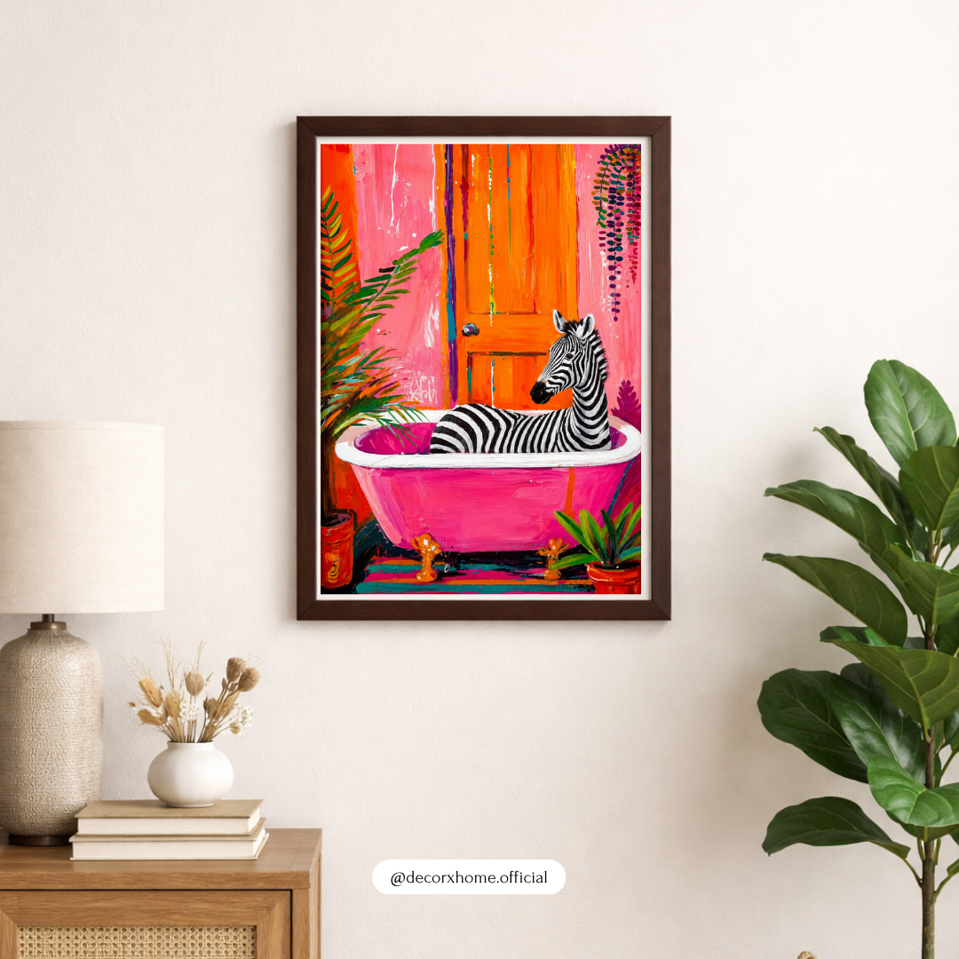Colorful Zebra Bathtub Poster | Whimsical Animal Bathroom Wall Art | Modern Pop Art Print | Decorexhome