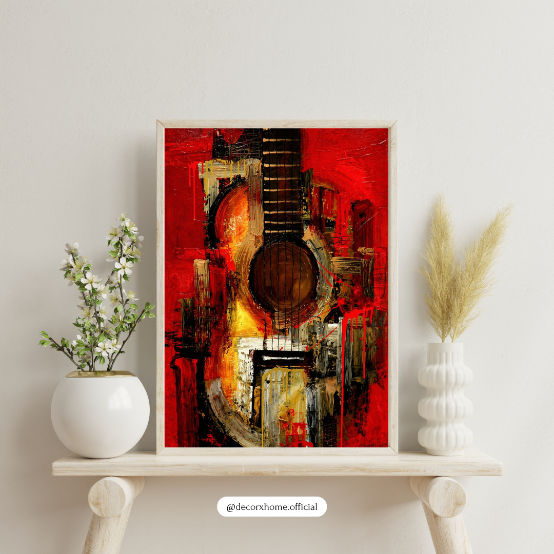Abstract Guitar Wall Art Poster – Modern Music Inspired Canvas | Bold Red Artistic Guitar Painting for Living Room, Studio & Office Decor | Decorxhome