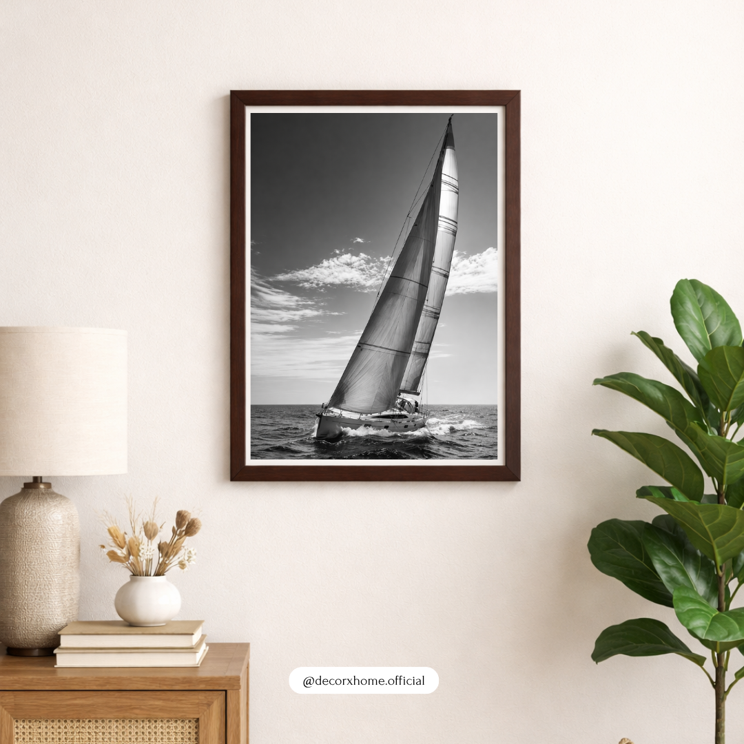 DecorexHome Black & White Sailing Yacht Wall Art Poster | Nautical Ocean Photography Decor