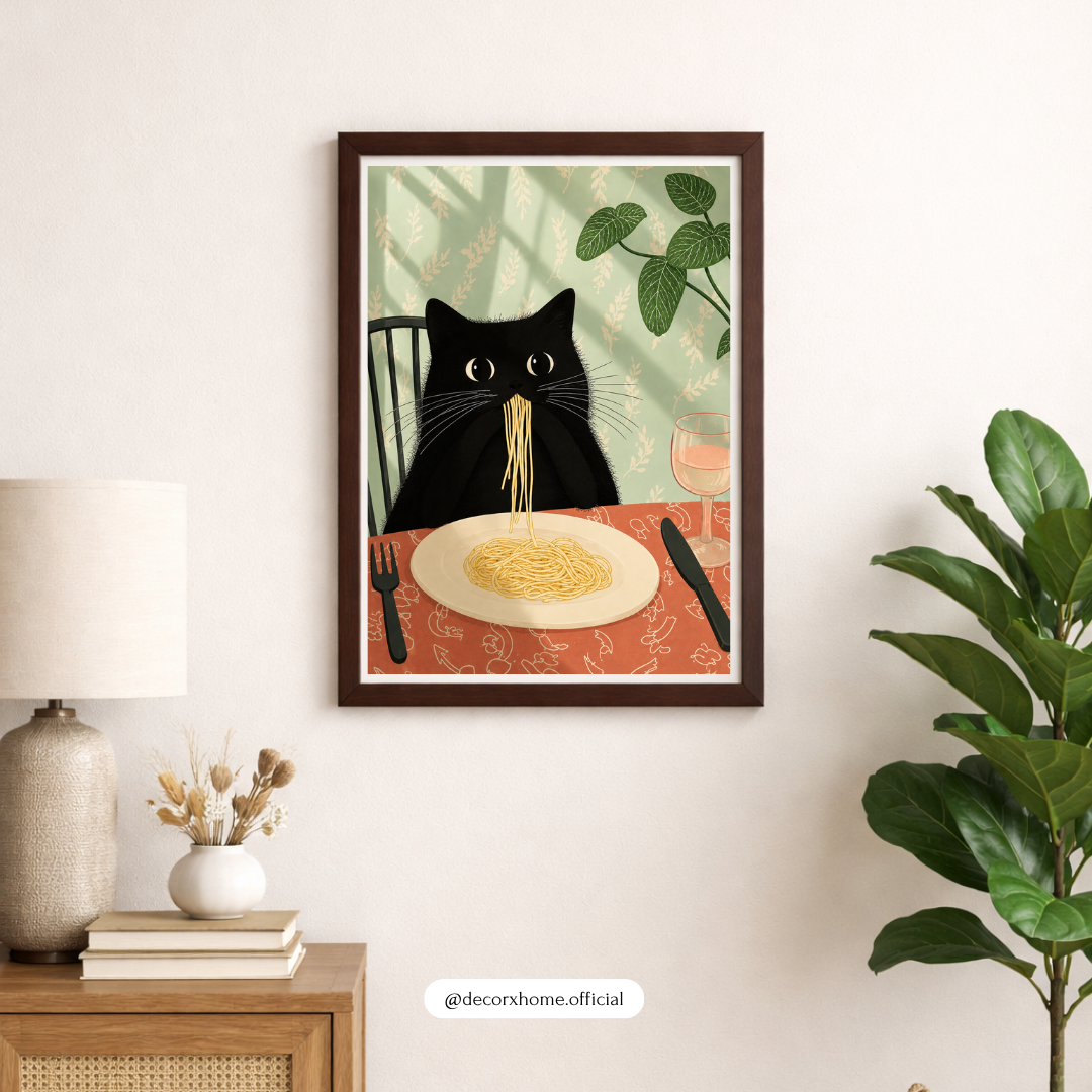 Decorexhome Funny Black Cat Eating Spaghetti Poster | Quirky Cat Wall Art