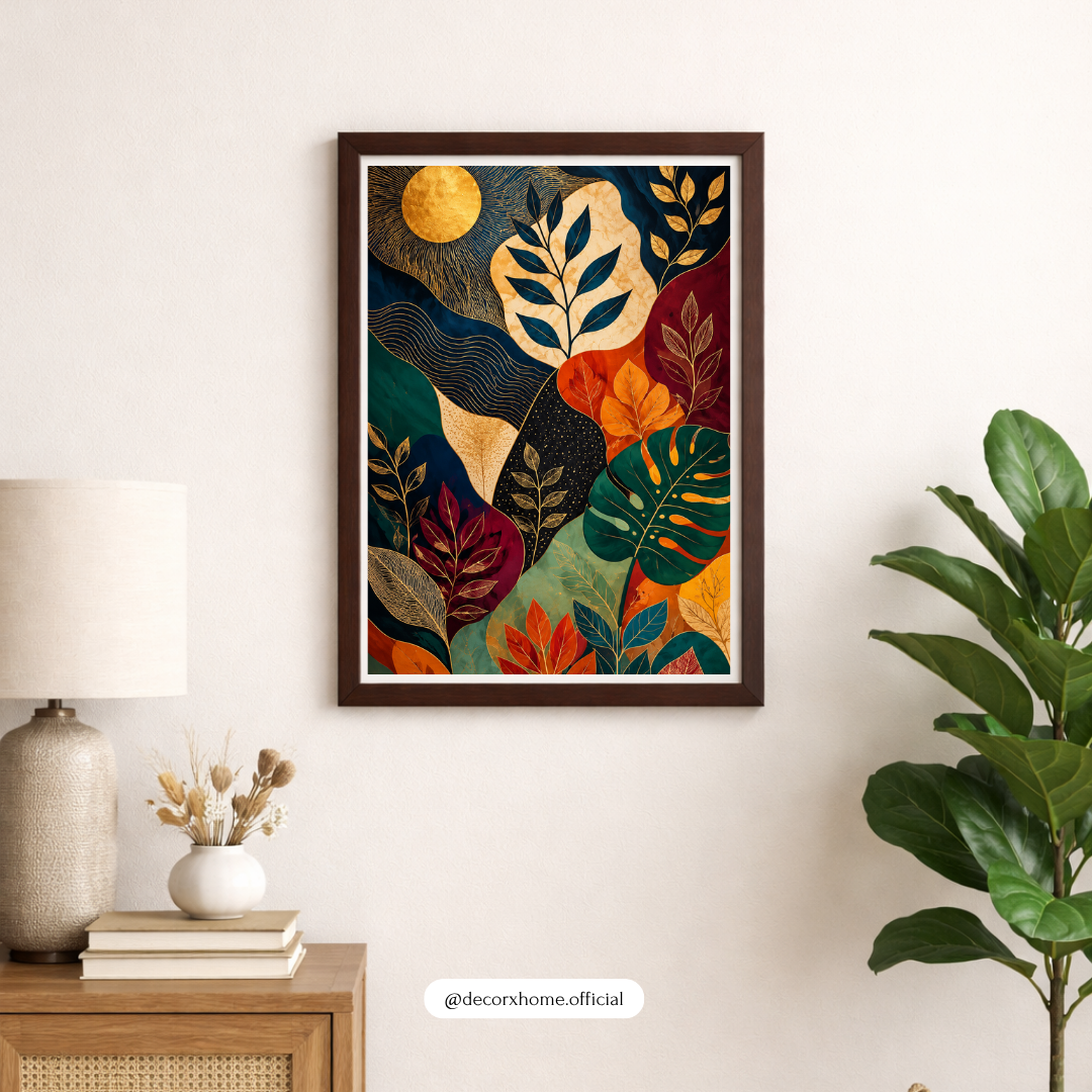 Abstract Botanical Wall Art | Blue & Gold Tropical Leaf Poster | Modern Luxury Nature Wall Decor | Decorxhome