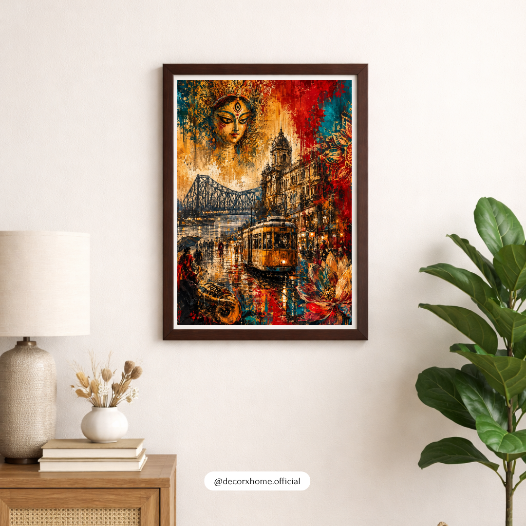 Kolkata Heritage Wall Art Poster | Maa Durga, Howrah Bridge & Vintage Tram – Decorxhome