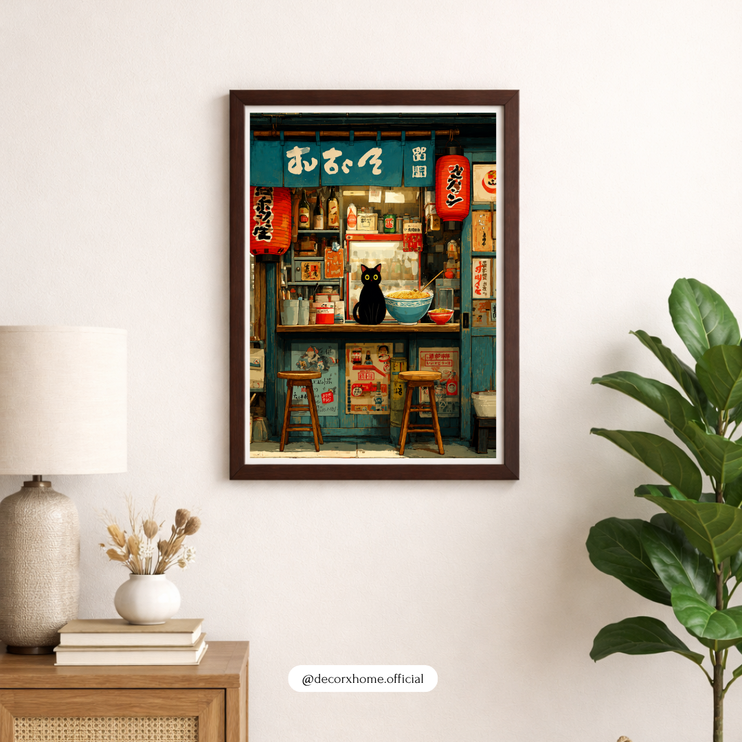 Japanese Ramen Shop & Black Cat Aesthetic Wall Art