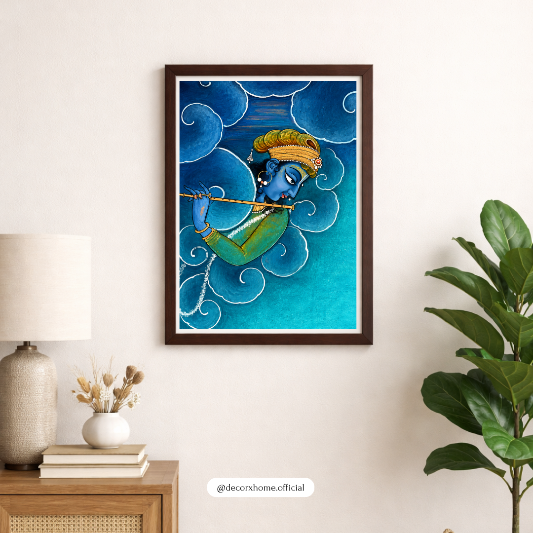 Divine Krishna Playing Flute Wall Art | Blue Krishna Poster & Framed Artwork