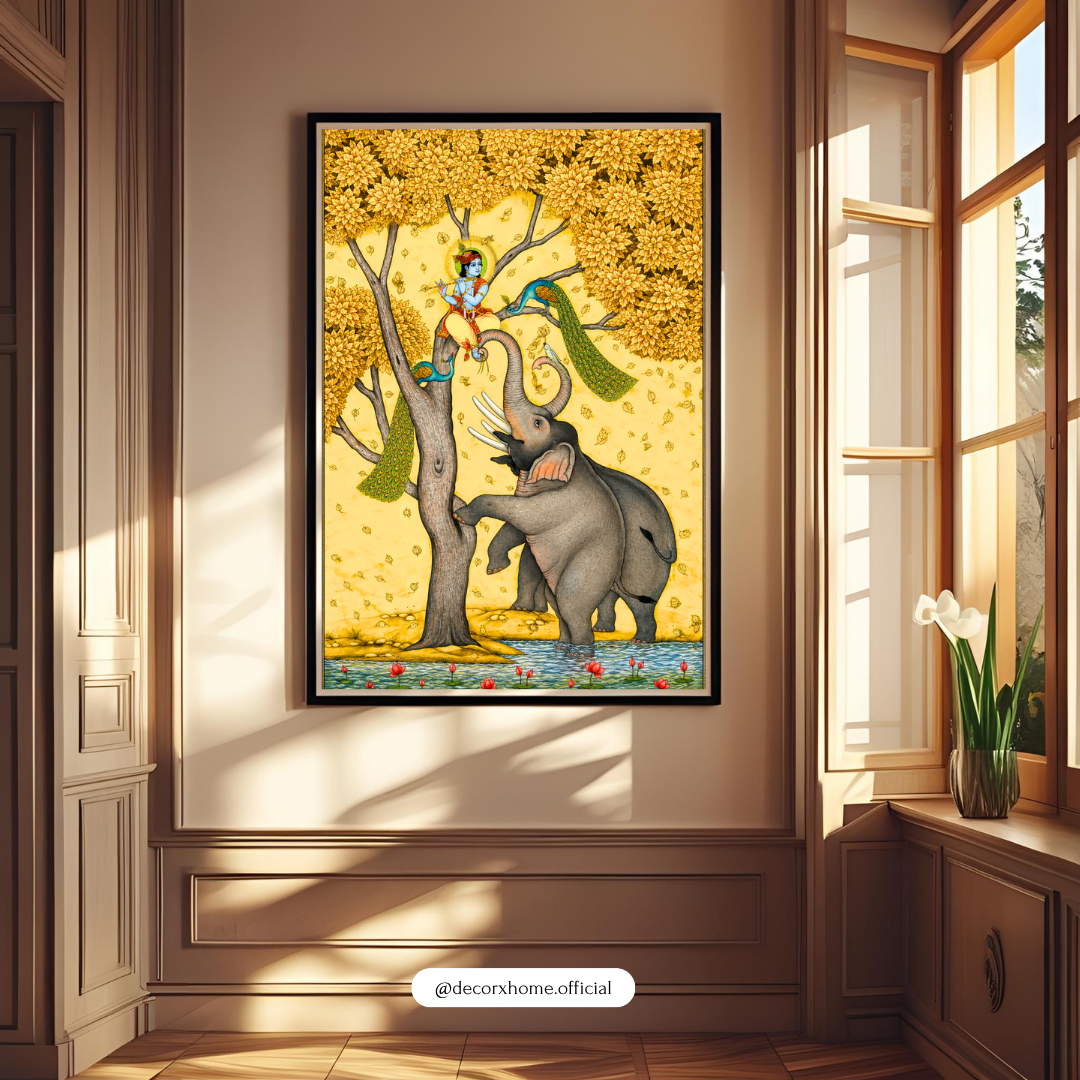 Krishna and the Elephant Poster | Traditional Indian Mythology Wall Art by DecorxHome