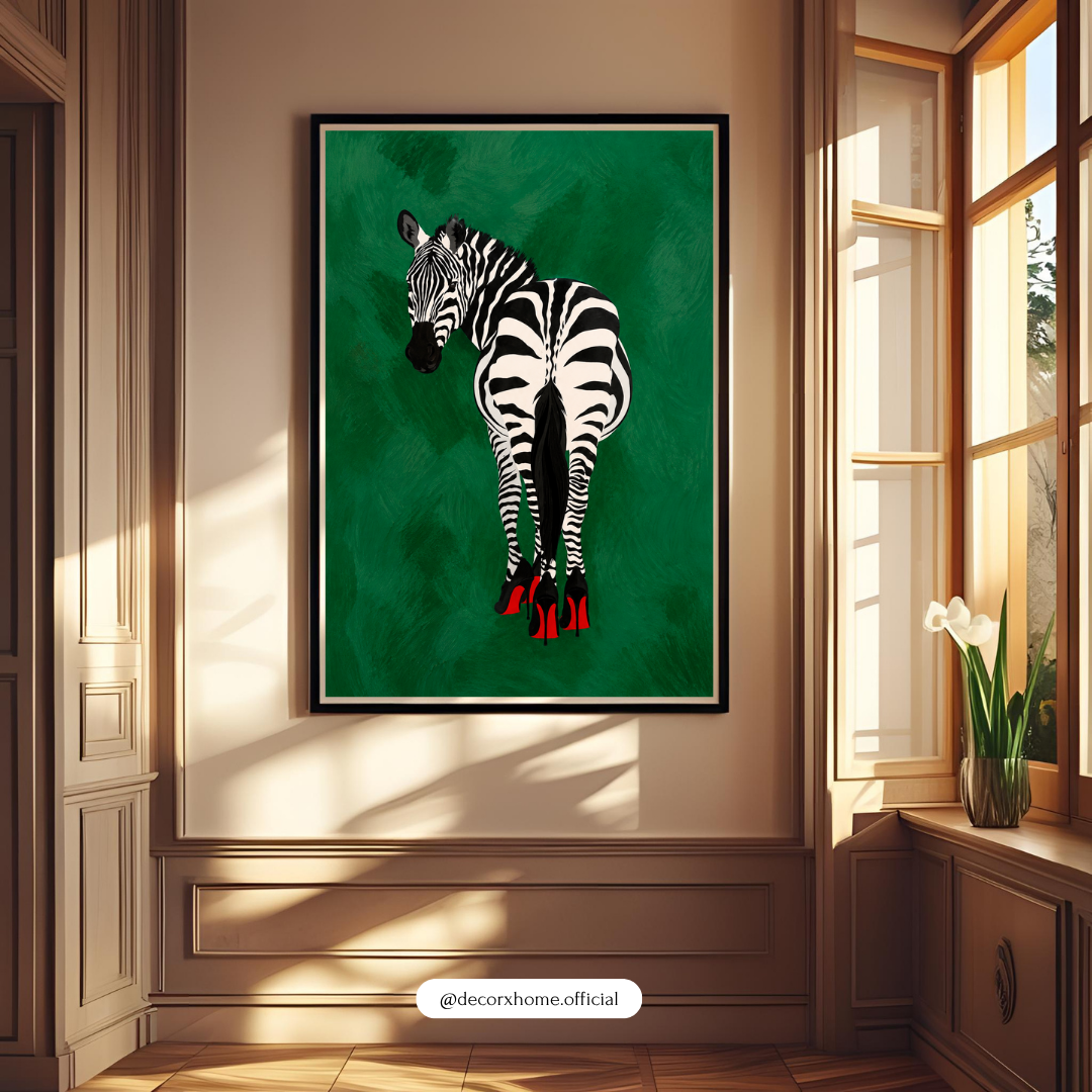 Fashion Zebra Wall Poster | Modern Animal Art with Red Heels by DecorxHome