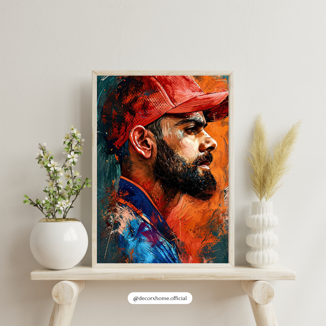 Virat Kohli Abstract Portrait Wall Art with Frame – Modern Cricket Legend Poster for Bedroom & Gaming Room