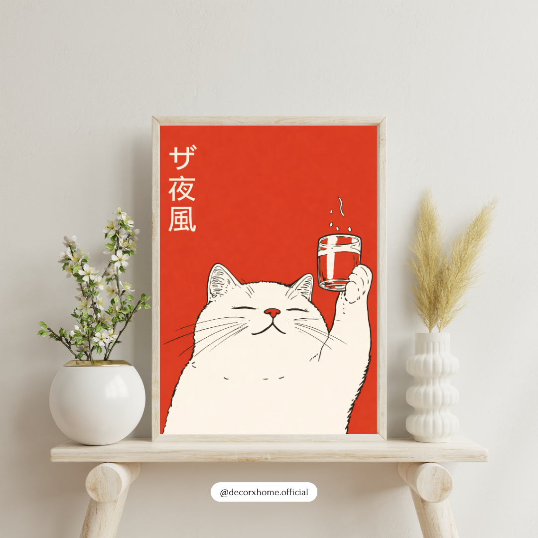 Minimalist Japanese Cat Cheers Poster | Cute Anime Style Wall Art | Decorxhome