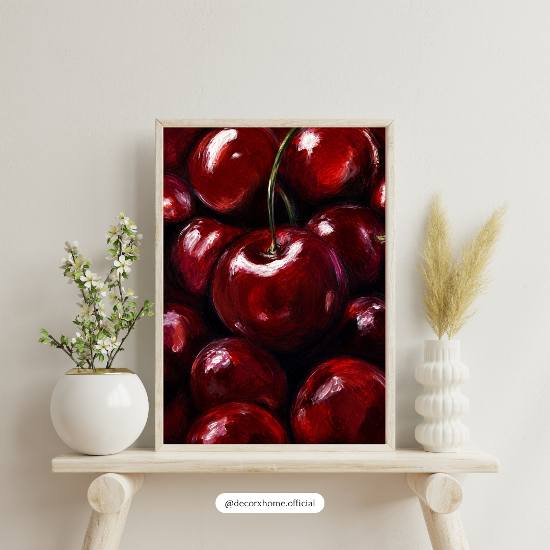Cherry Bliss Wall Art Poster | Luxury Red Cherry Painting Print | Modern Kitchen & Café Décor | Decorexhome