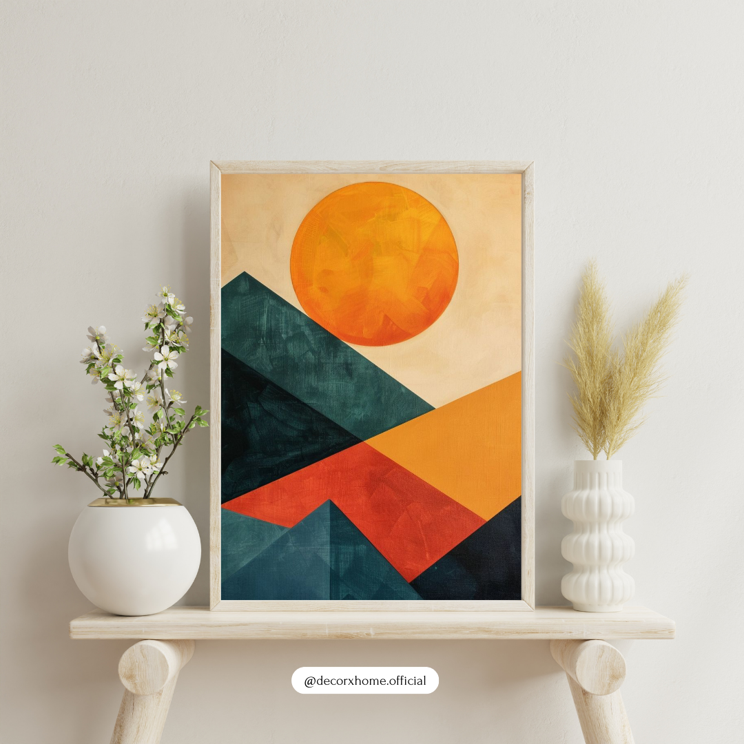 Abstract Geometric Sun & Mountains Wall Art Poster – Modern Landscape Illustration | Decorxhome