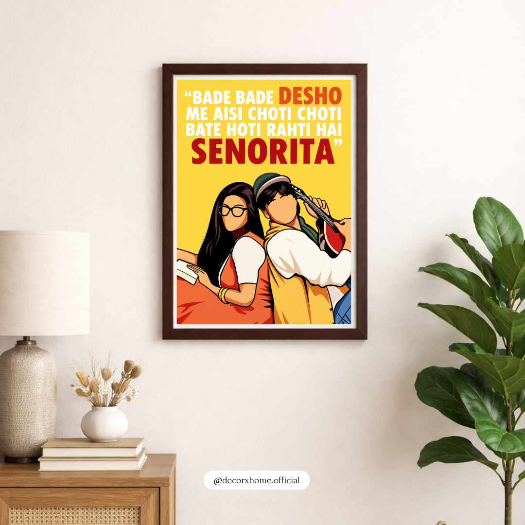 Senorita Poster | Bollywood Romance Quote Wall Art | Indian Couple Illustration | Retro Hindi Movie Inspired Artwork | Romantic Wall Décor | Decorexhome