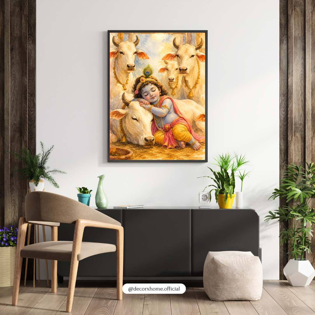 Decorxhome – Baby Krishna with Cows Spiritual Wall Art Poster