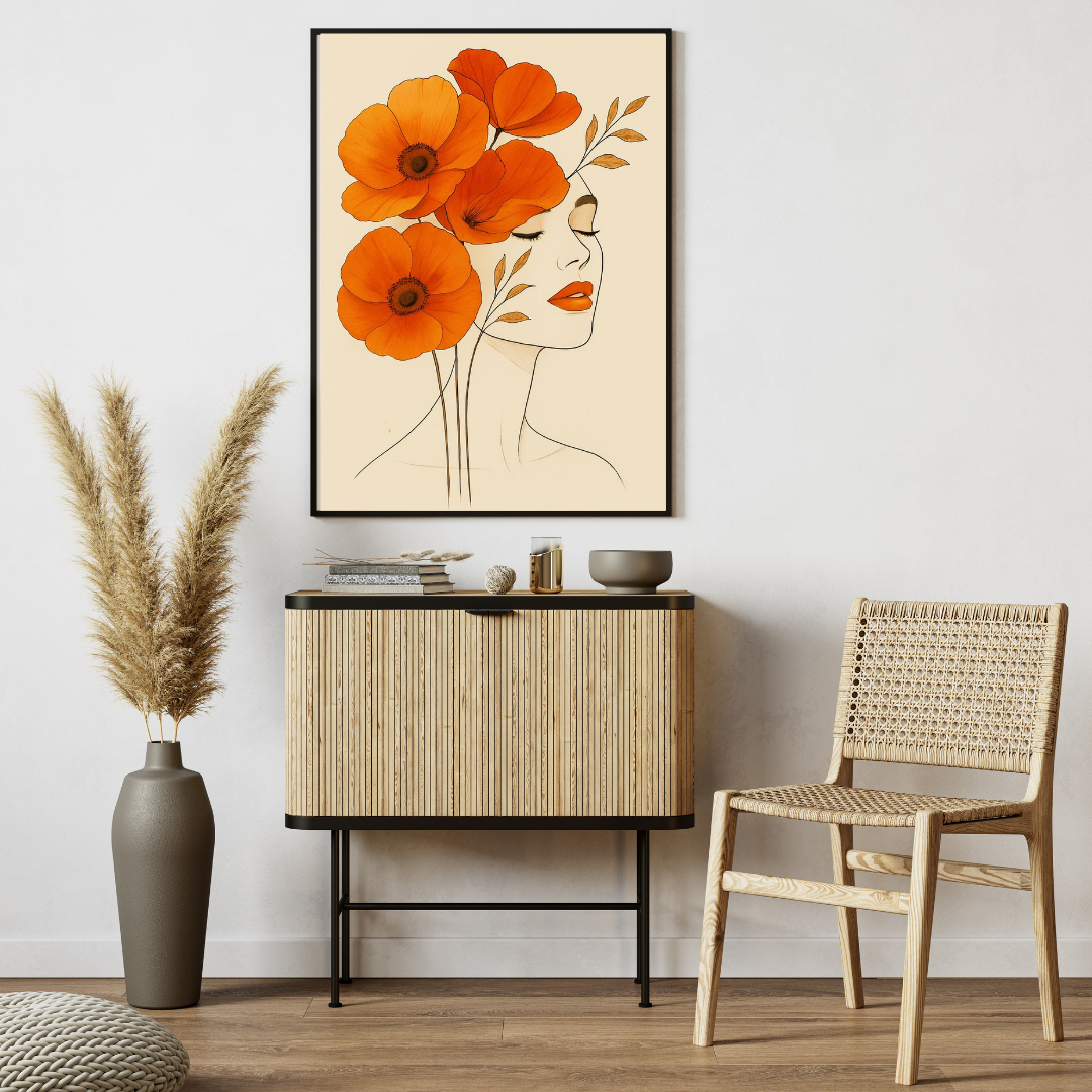 Boho Floral Femme Wall Art with Frame – Elegant Botanical Line Art for Living Room, Bedroom & Office Decor
