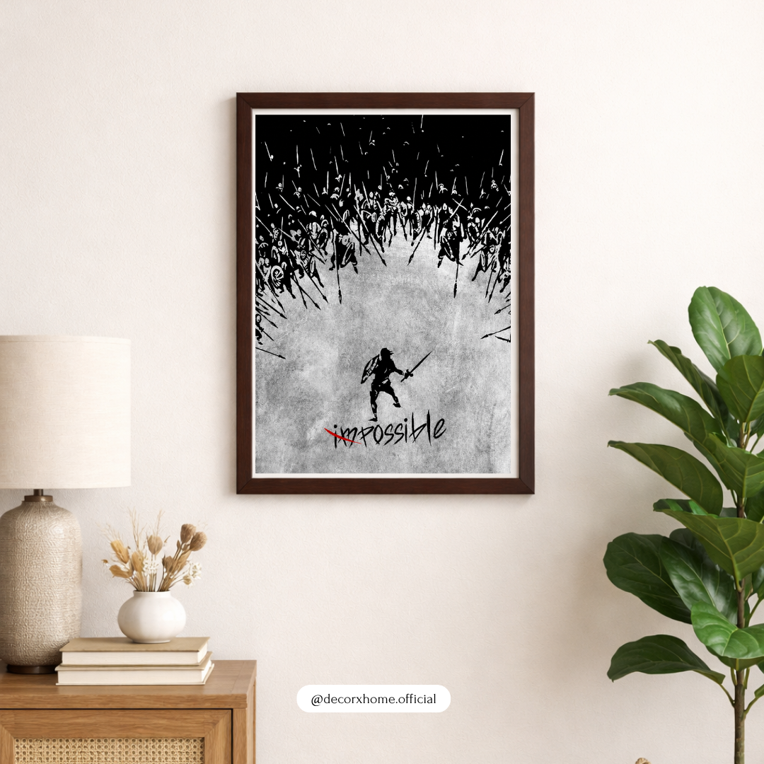 DecorexHome “Impossible” Warrior Motivation Poster | Minimal Black & White Inspirational Wall Art | Spartan Battle Artwork | Modern Mindset Decor
