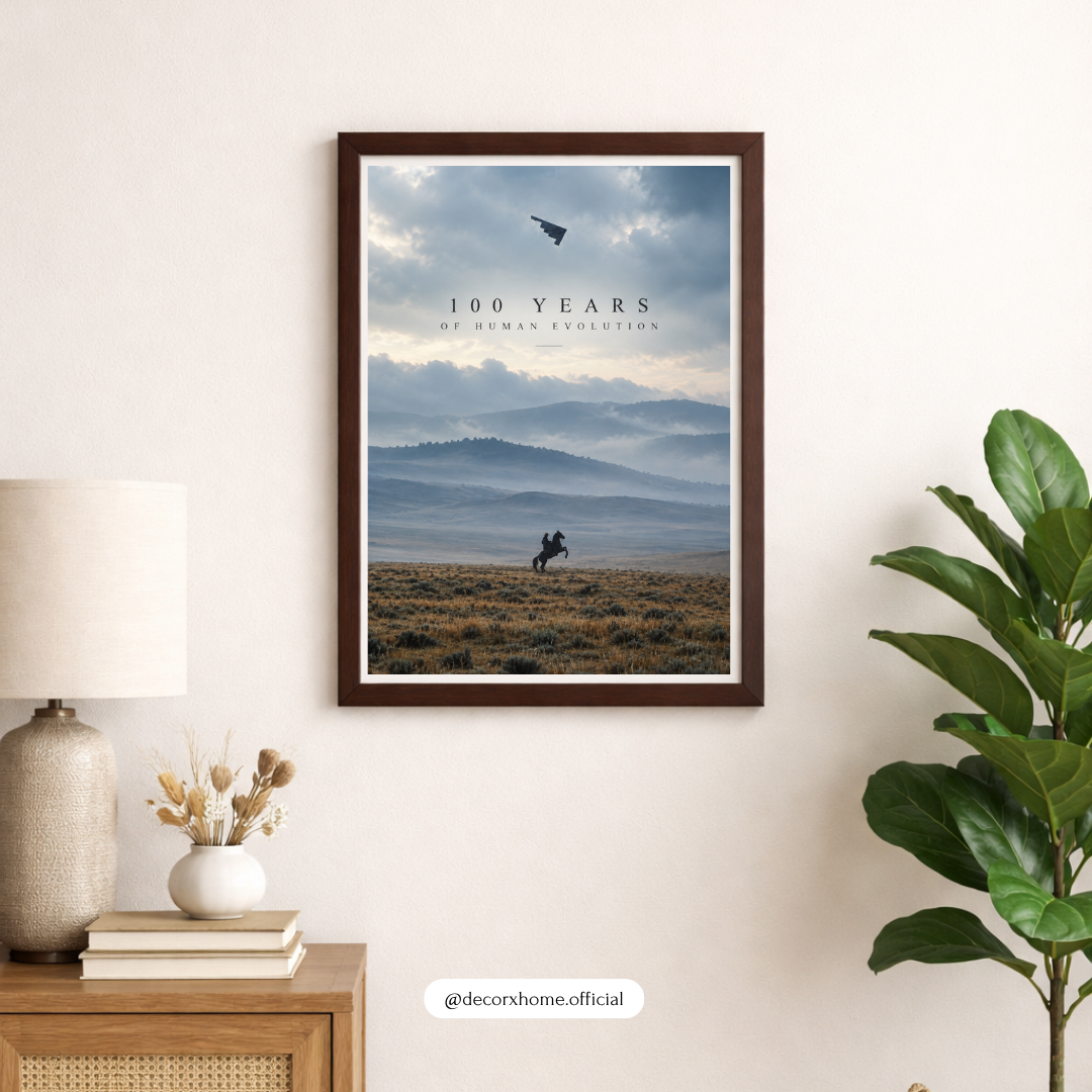 100 Years of Human Evolution Wall Art Poster | Minimalist Mountain Landscape & Lone Rider – Decorxhome