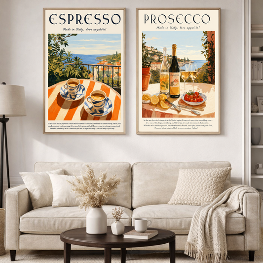 Italian Espresso & Prosecco Vintage Poster Set | Mediterranean Café & Wine Wall Art | Decorxhome