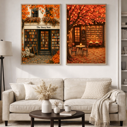 The Story Nest Autumn Bookstore Poster Set | Cozy Library & Café Wall Art | Decorxhome