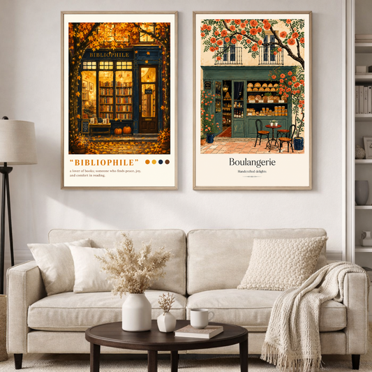 Bibliophile & Boulangerie Vintage Poster Set | Cozy Bookstore & French Bakery Wall Art | Decorxhome