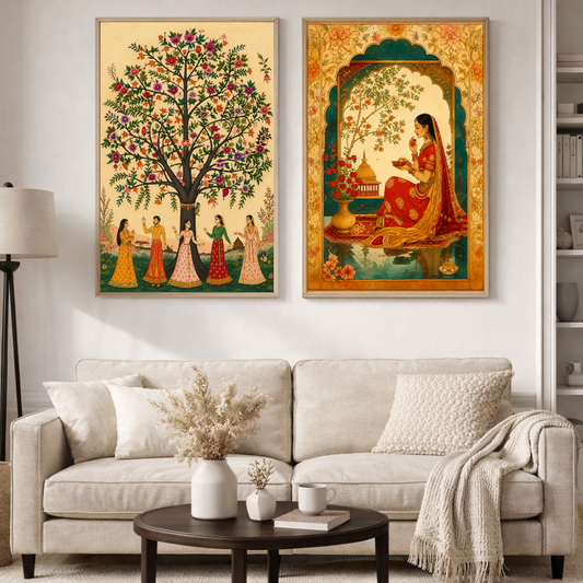 Indian Miniature Art Poster Set | Floral Tree & Royal Maiden Heritage Wall Art | Decorxhome