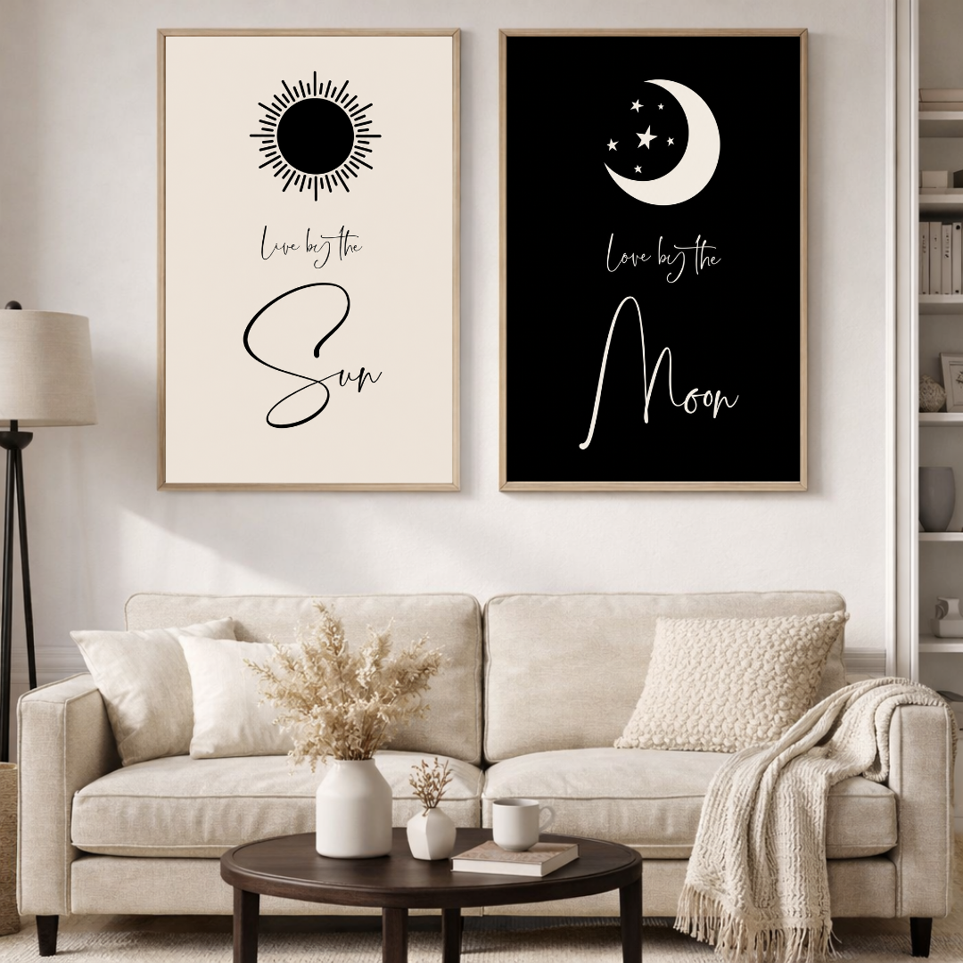 Live by the Sun, Love by the Moon Poster Set | Minimalist Celestial Wall Art | Decorxhome
