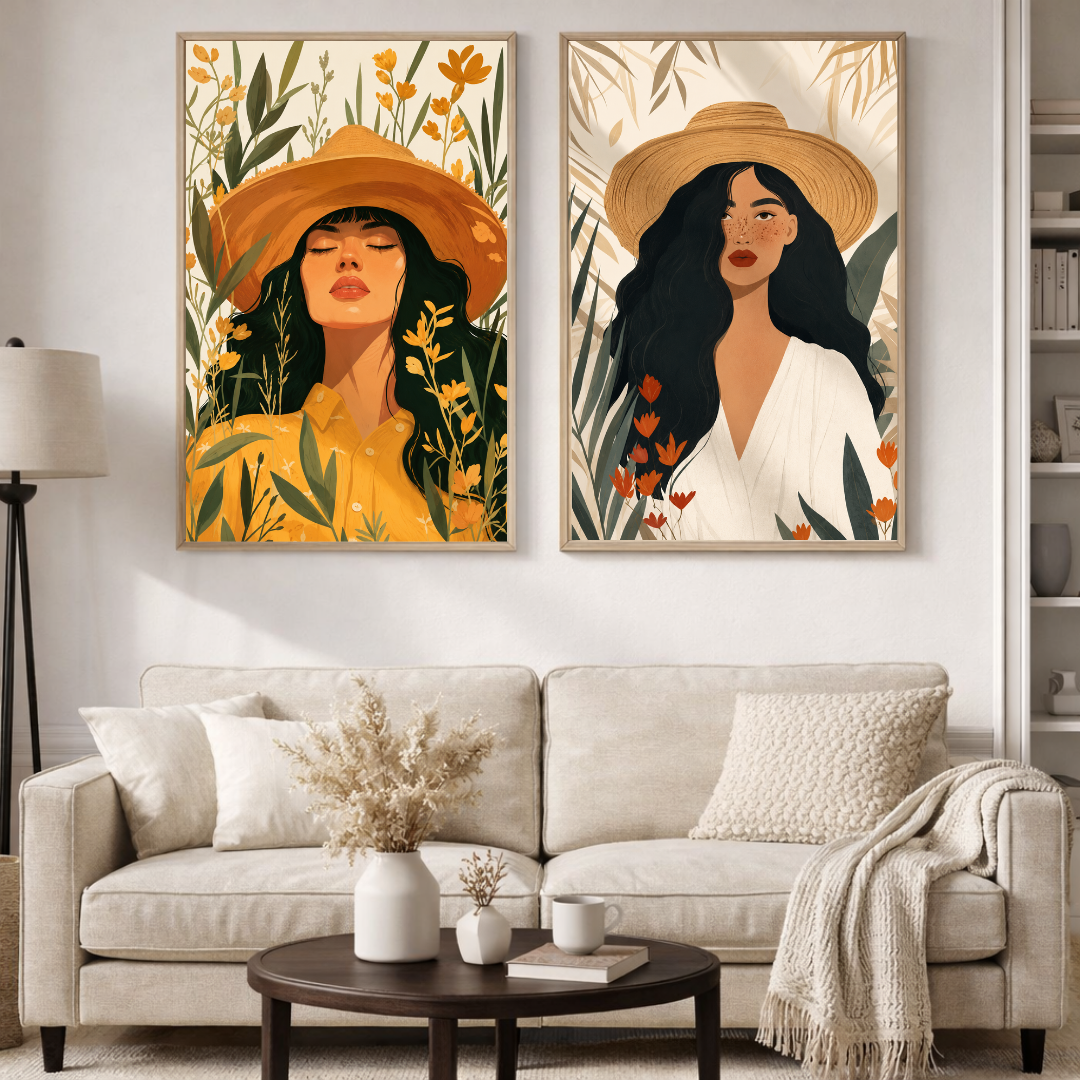 Bohemian Summer Muse Poster Set | Feminine Botanical Portrait Wall Art | Decorxhome